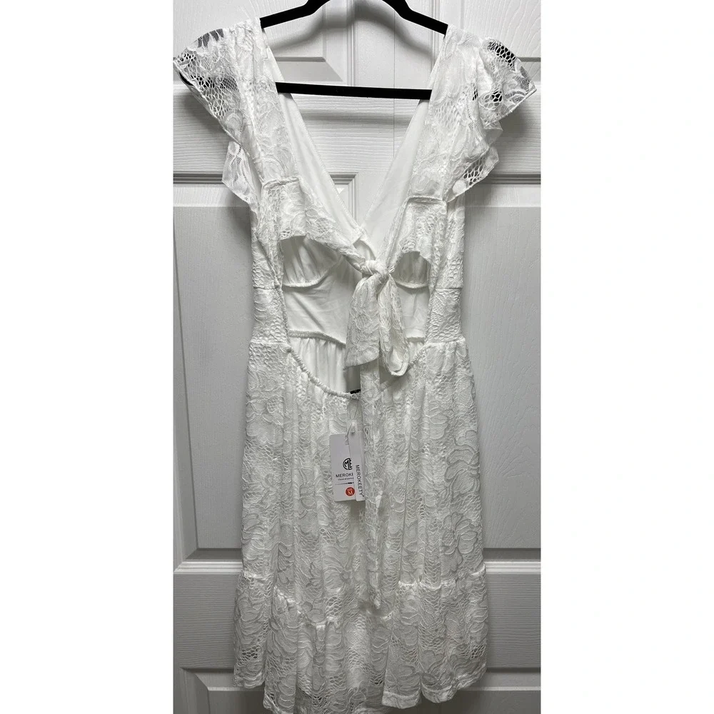 MEROKEETY Women's Floral Lace Short Sleeve Dress White color Tie Back size Med